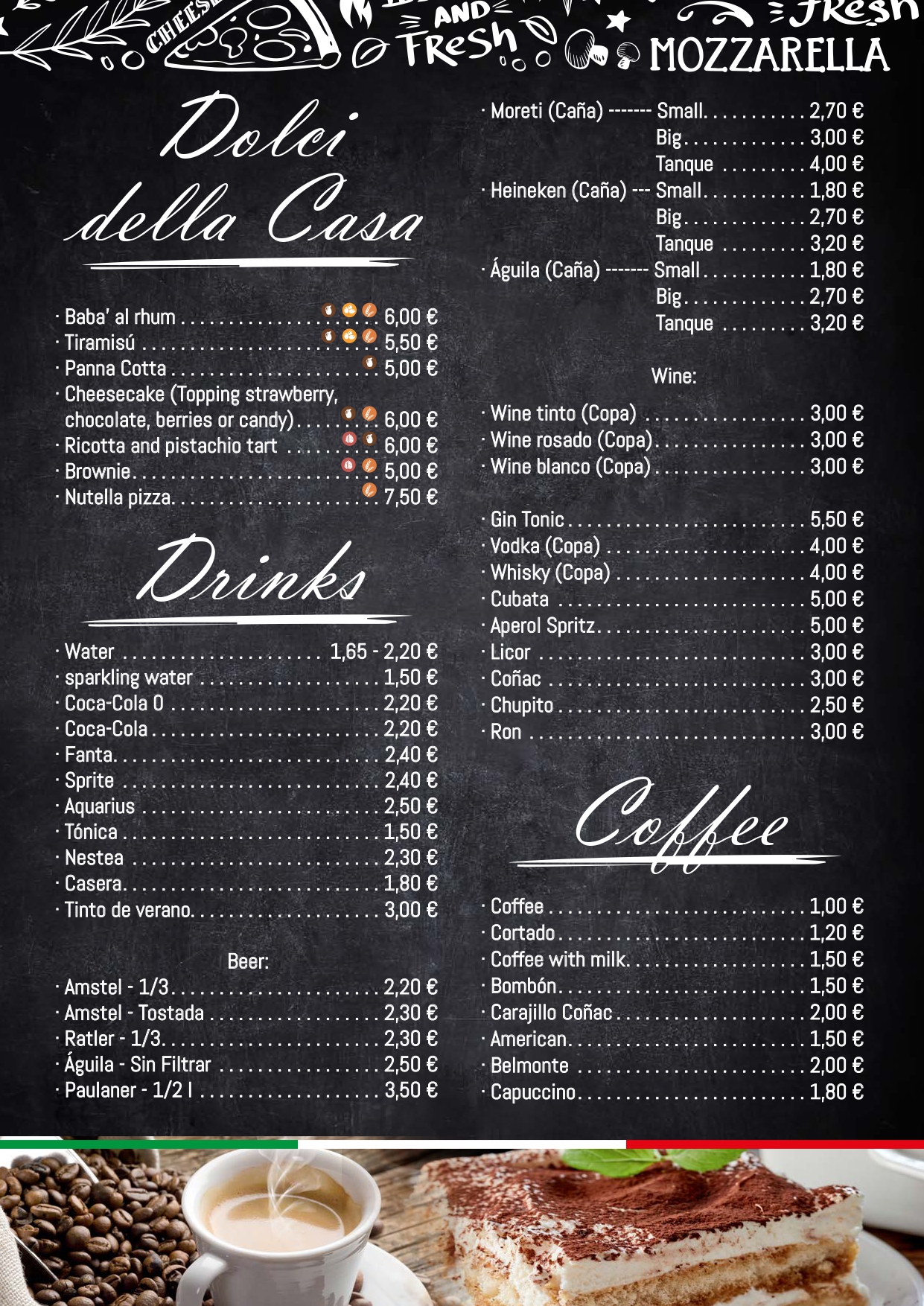 La Famiglia English menu page 7 desserts drinks and coffee