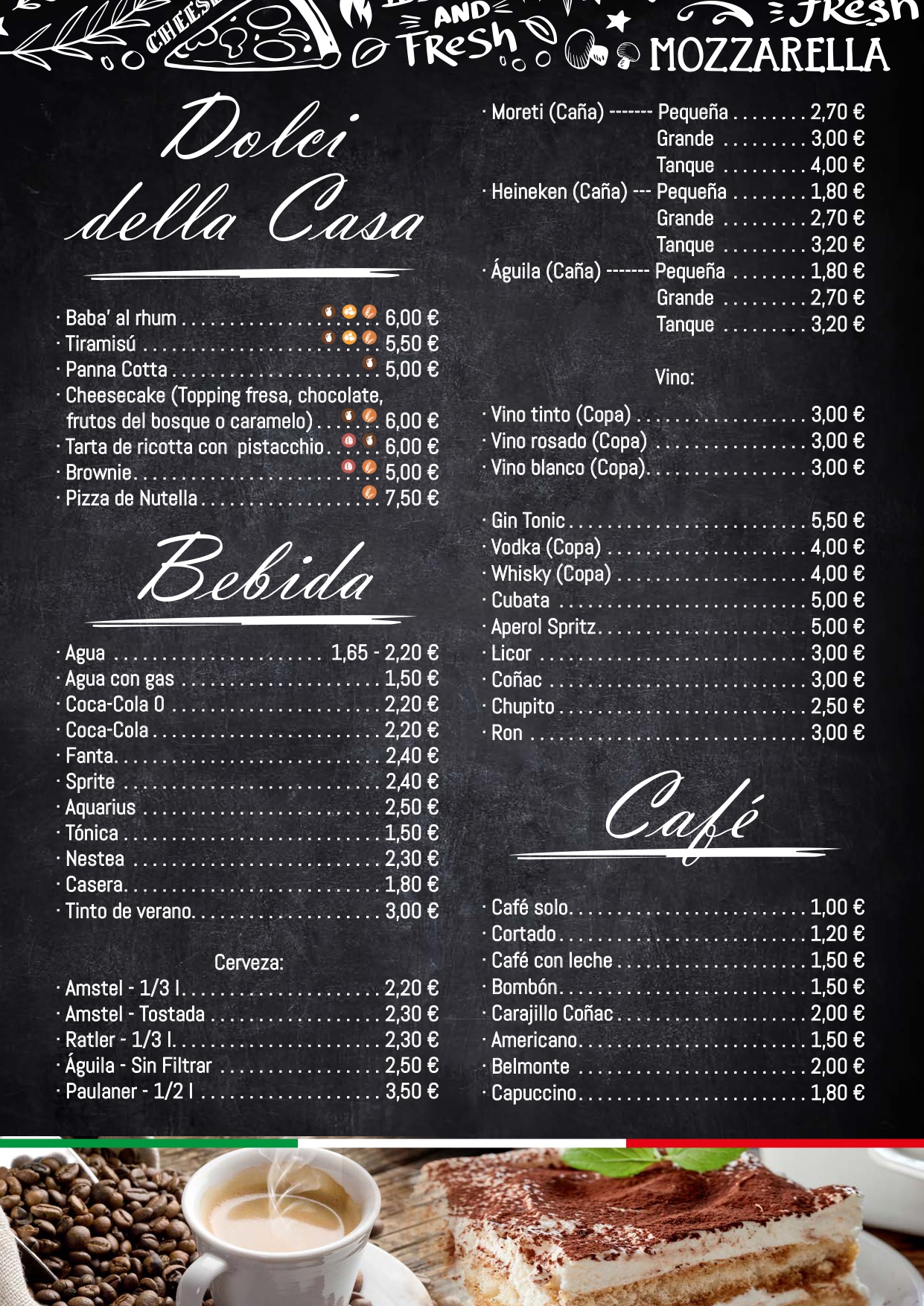 Carta La Famiglia español página 7 postres bebidas y cafés