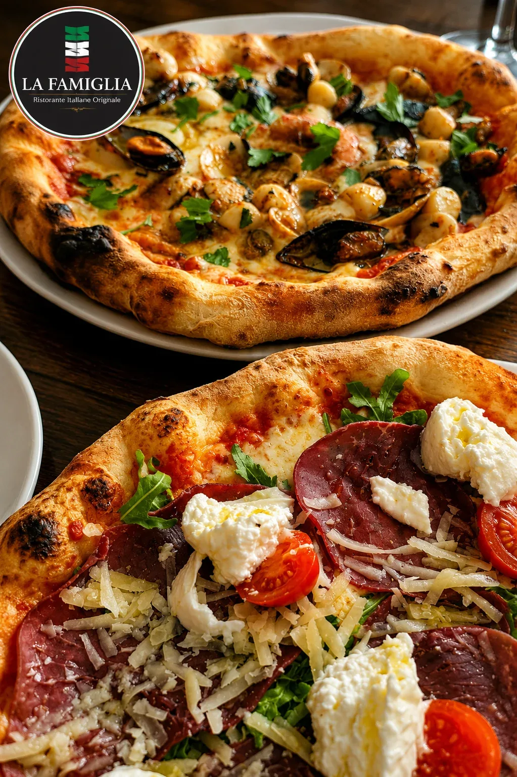 Pizza la Famiglia y Frutti di Mare